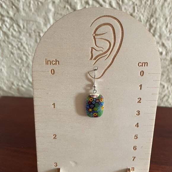 Millefiori Rectangular Earrings with Silver Toned Metal - Picture 2 of 2